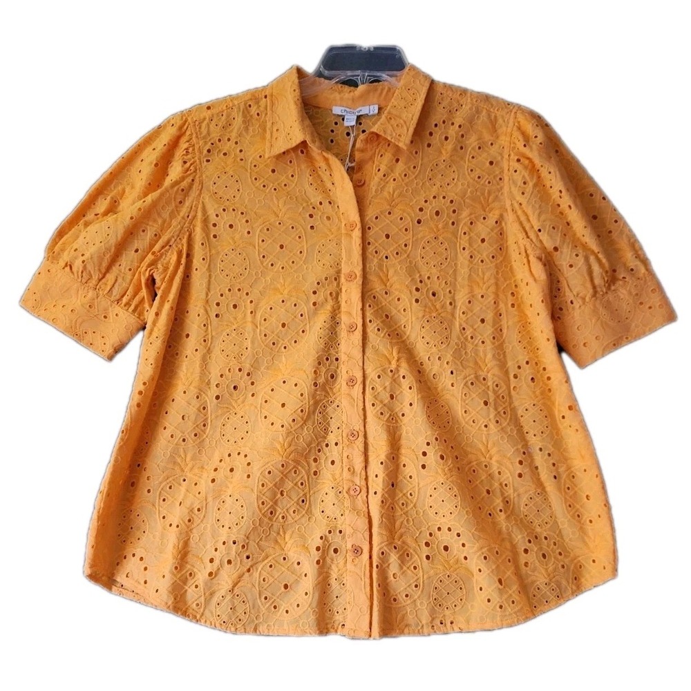 NWT CHICO'S Mango Orange Top Eyelet Balloon Short Sleeve Tunic Blouse Sz 2 (L)